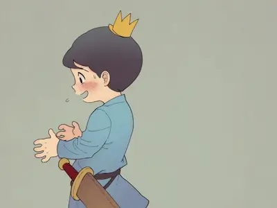 Looking at hands while blushing and wearing a crown and sword