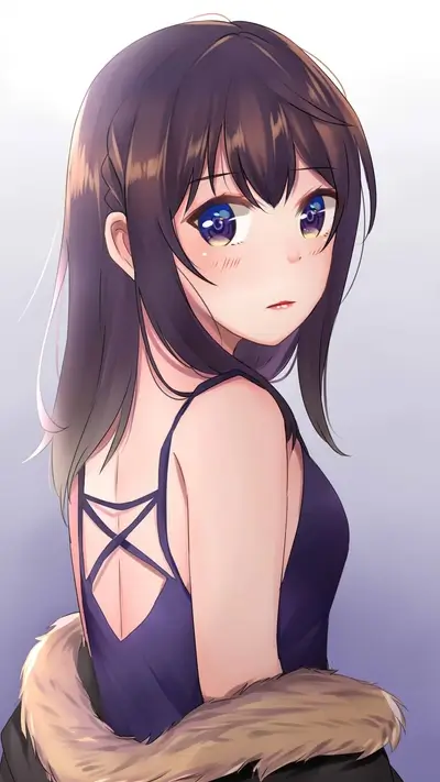 Looking back, anime girl with big eyes and dark hair, wearing a dress