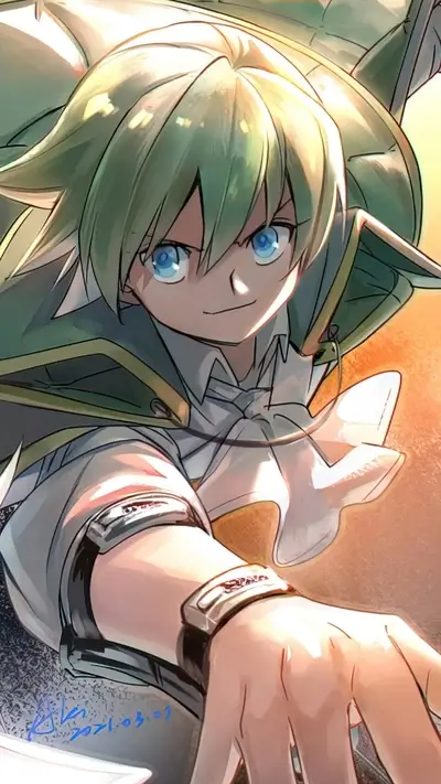 Looking up at a character with green hair