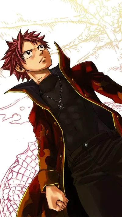 Looking up, red-haired character with a determined expression, wearing a red coat