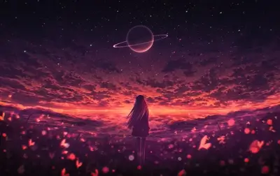 Lost in space: Girl stands among flowers, gazing at planet, stars, fiery clouds