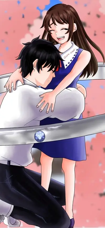 Love confession scene with a kneeling boy embracing his smiling girlfriend