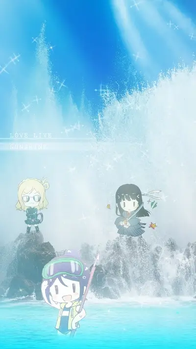 Love Live Sunshine chibi characters by the sea
