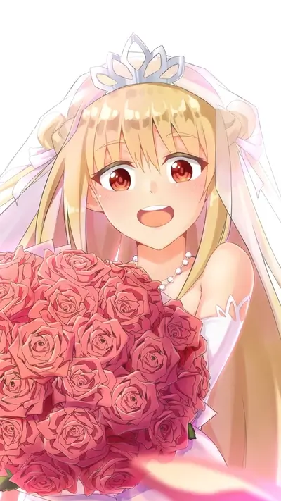 Lovely anime girl holding a big bouquet of roses, dressed as a bride