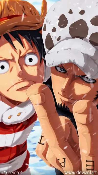 Luffy and Law in winter clothes