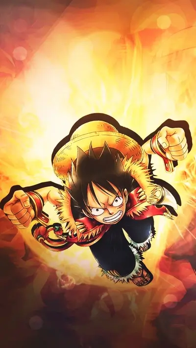 Luffy charging forward, fiery background