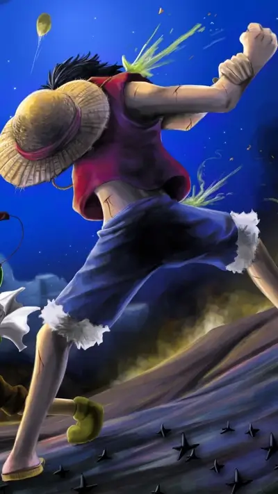 Luffy fighting, injured, straw hat