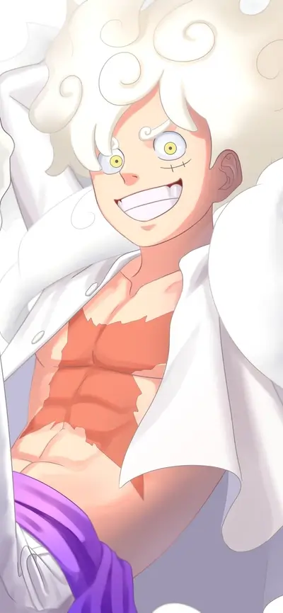 Luffy Gear 5 with his iconic smile, cheerful and optimistic pose