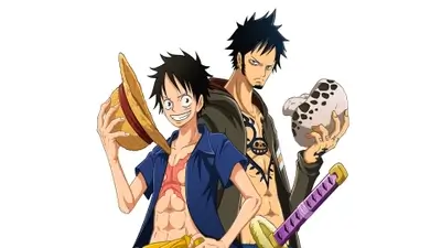 Luffy holding straw hat standing back to back with Law