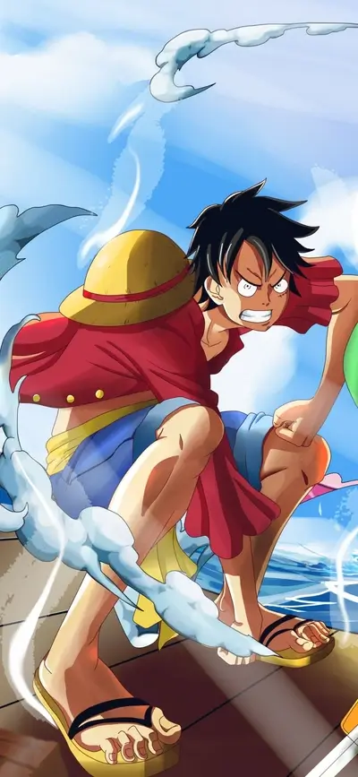 Luffy in action, powerful pose, Straw Hat