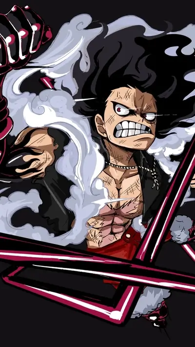 Luffy in Gear 5, powerful transformation with steam around him, intense gaze