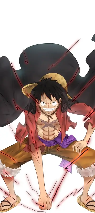 Luffy in Gear 5 transformation with dark background effect, intense gaze, and dynamic pose