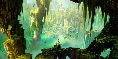 Lush fantasy landscape featuring mossy pillars, cascading waterfalls, and a multitude of flying dragons