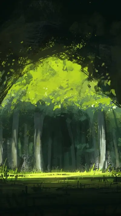 Lush green foliage, sunlight filtering through trees, dark forest ambiance.
