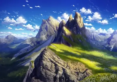 Lush green valley surrounded by towering jagged peaks under a clear blue sky