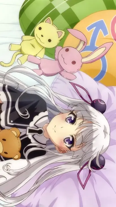 Lying down anime girl with a stuffed cat and other toys