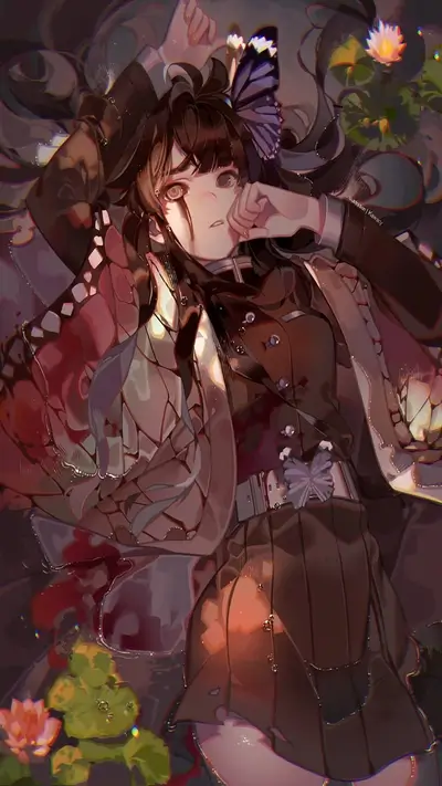 Lying in water, woman with butterfly hair ornament shows melancholic expression, injured and surrounded by water lilies