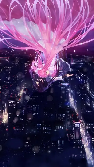 Magical girl falling over the city, long pink hair falling down