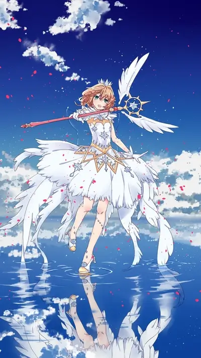 Magical girl in white dress and wings stands on water
