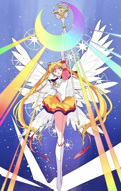 Magical girl with wings holding crescent moon scepter, vibrant light rays