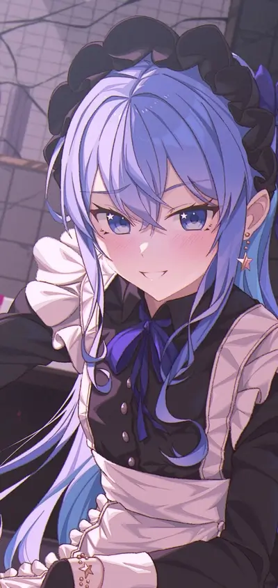 Maid girl with long blue hair