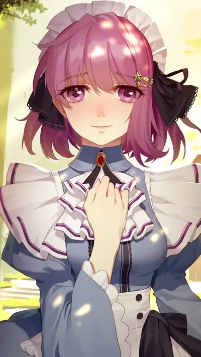 Maid girl with pink hair and purple eyes in cute frilly blue dress