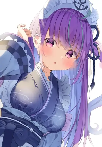 Maid girl with purple hair in a blue dress