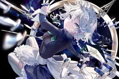 Maid in a clock surrounded by daggers