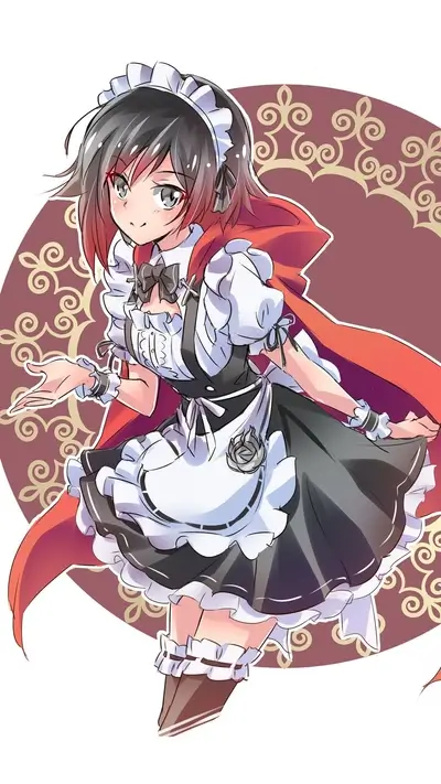 Maid outfit for manga girl with red cloak and grey eyes