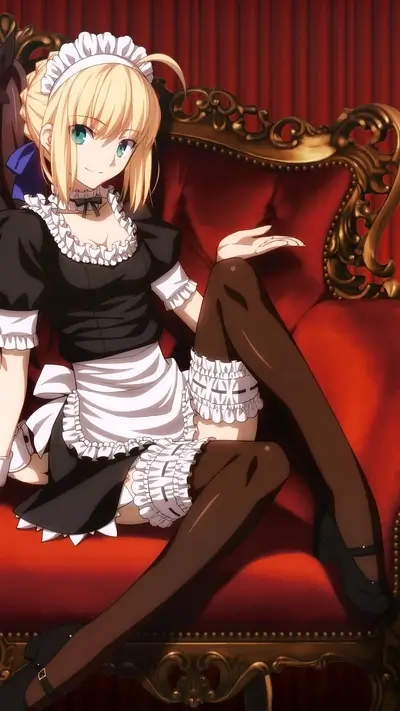 Maid Saber sits on an ornate chair