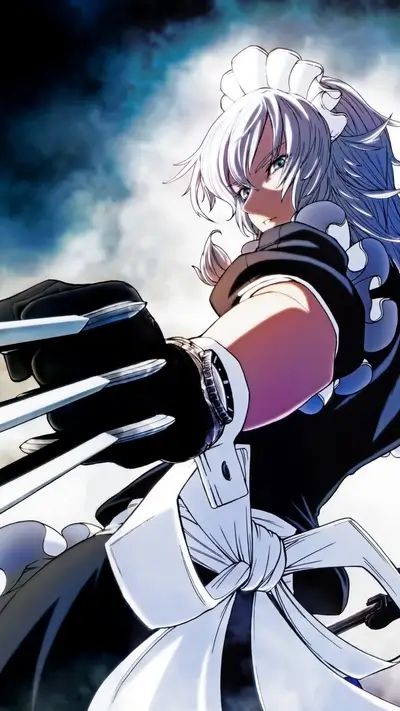 Maid with metallic claws, piercing gaze, and mysterious aura