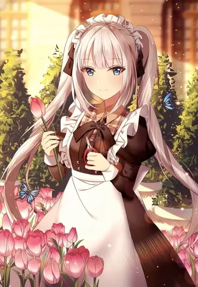 Maid with white hair, holding flower and scissors in garden.