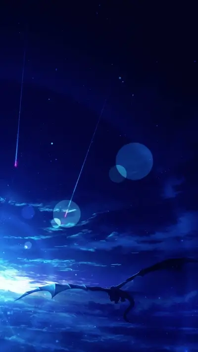 Majestic dragon silhouette soars beneath a starry night sky with shooting stars