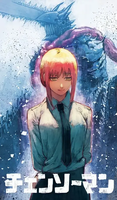 Makima, from Chainsaw Man, stands before the Chainsaw Devil in artwork