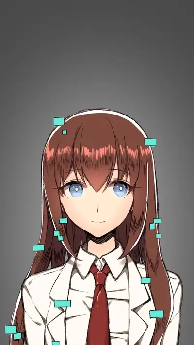 Makise Kurisu portrait with digital pixel glitch effects