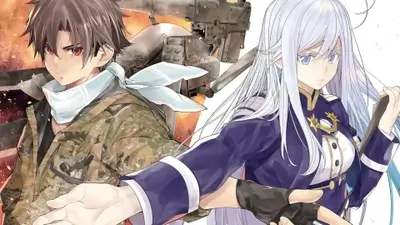 Male and female characters in military attire with mechanical weaponry background