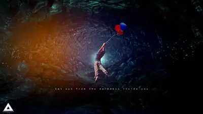 Man escaping from a dark cave holding balloons