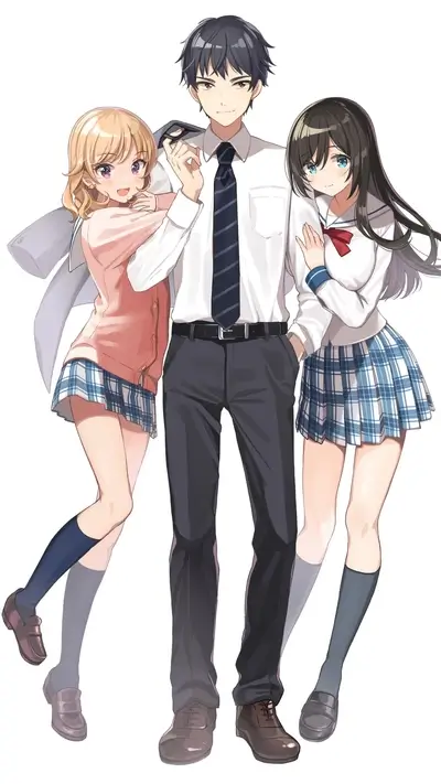 Man flanked by two girls in school uniforms