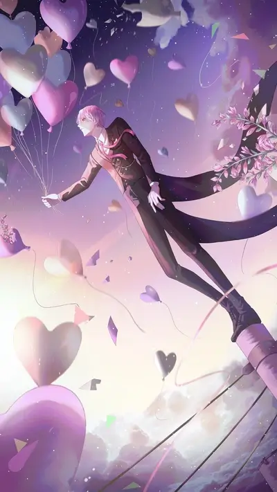 Man in suit floating with heart-shaped balloons