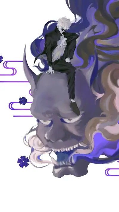 Man in suit sits atop an oni demon head surrounded by violet mist.