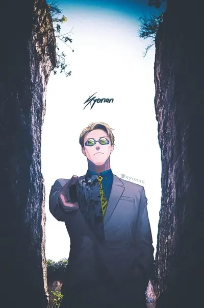 Man in suit, standing between two rocks