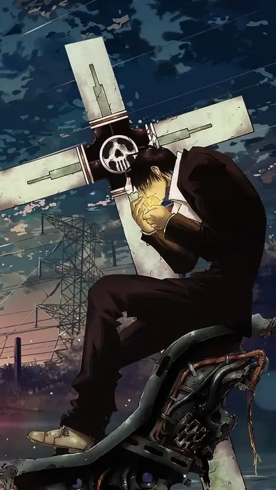Man sits smoking, leaning against a cross