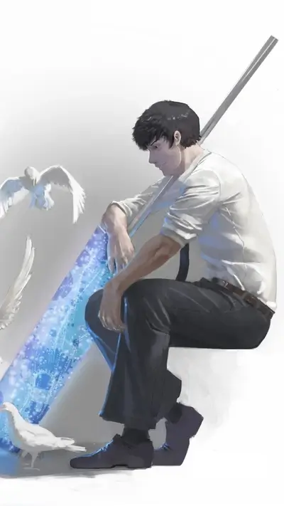 Man sits with a long weapon, birds nearby