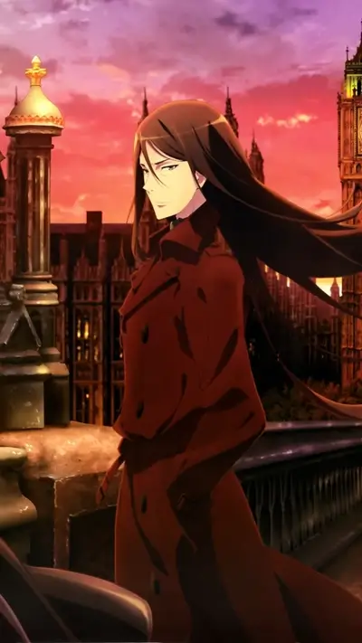 Man with long hair wearing red coat, buildings and clock tower visible, pink sky
