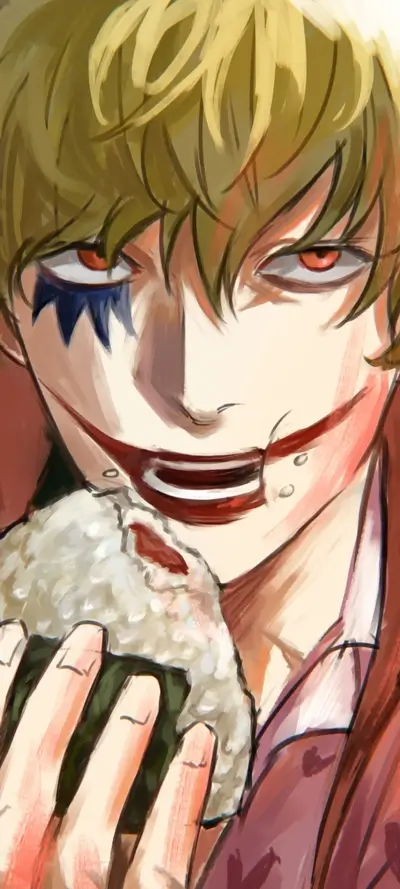 Man with painted face eating onigiri
