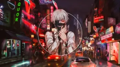 Masked anime character portrait in neon-lit street