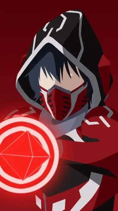Masked character holding a glowing red orb, wearing hood.