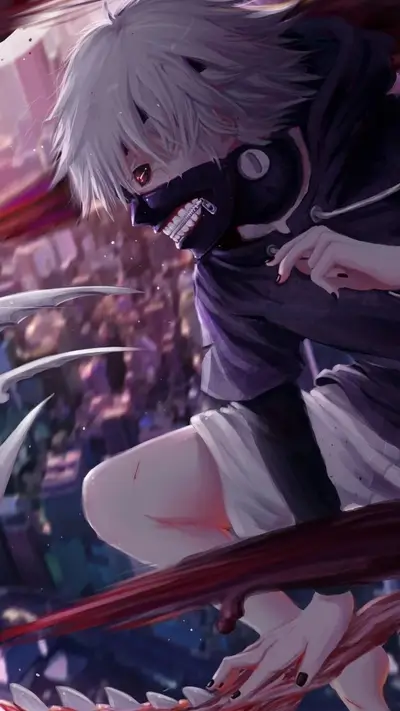 Masked character with white hair and red eyes stands out against dark backdrop