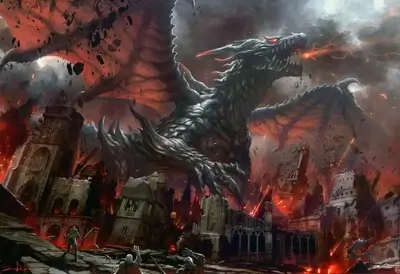 Massive dragon destroying city, fire and destruction