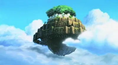 Massive floating castle island in bright blue sky surrounded by clouds